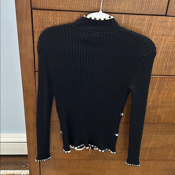 CACHE Black Zippered-front Sweater with White Grosgrain Piping & Jet Beads. Lg. - Picture 2 of 3